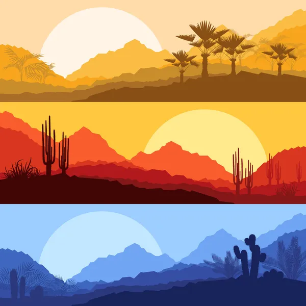 Desert wild nature landscapes with cactus and palm tree plants — Stock Illustration Desert wild nature landscapes with cactus and palm tree plants Stock Illustration