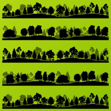 Forest trees silhouettes landscape illustration set clipart