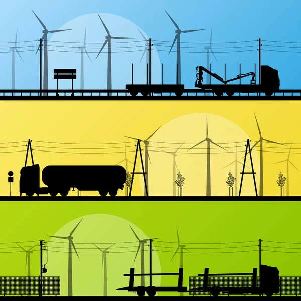 Generadores de electricidad eólica y molinos de viento en carretera rural — Vector de stock