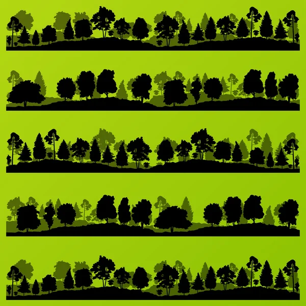 森林树木剪影风景插图集 — 图库矢量图片