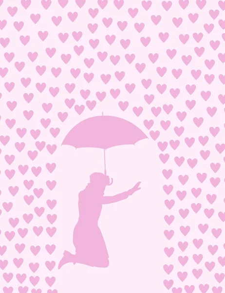 Biglietto di San Valentino con cuori che piovono e donna con ombrello — Vettoriale Stock