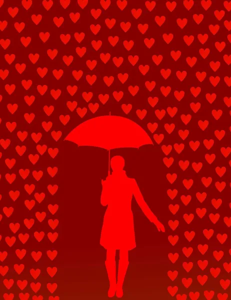 Valentines day card with raining hearts and woman with umbrella — Stock Vector