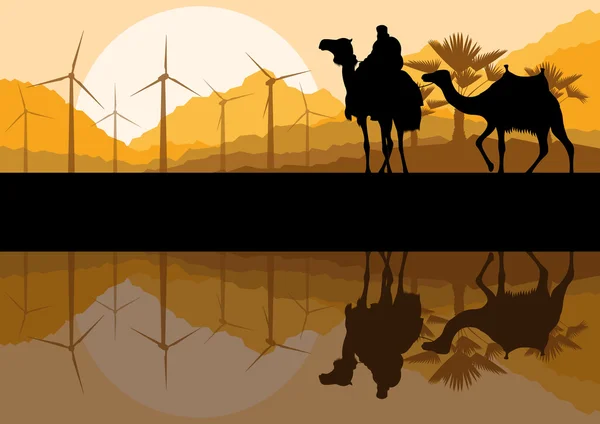 Wind electricity generators, windmills and camel caravan in dese — Stock Vector