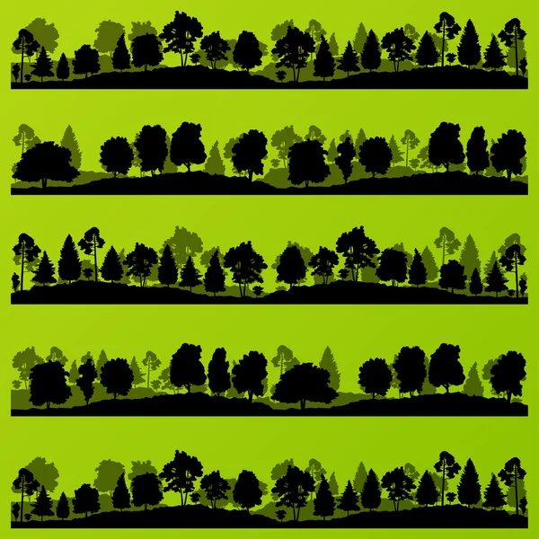 Bosque árboles siluetas paisaje ilustración conjunto Ilustraciones de stock libres de derechos