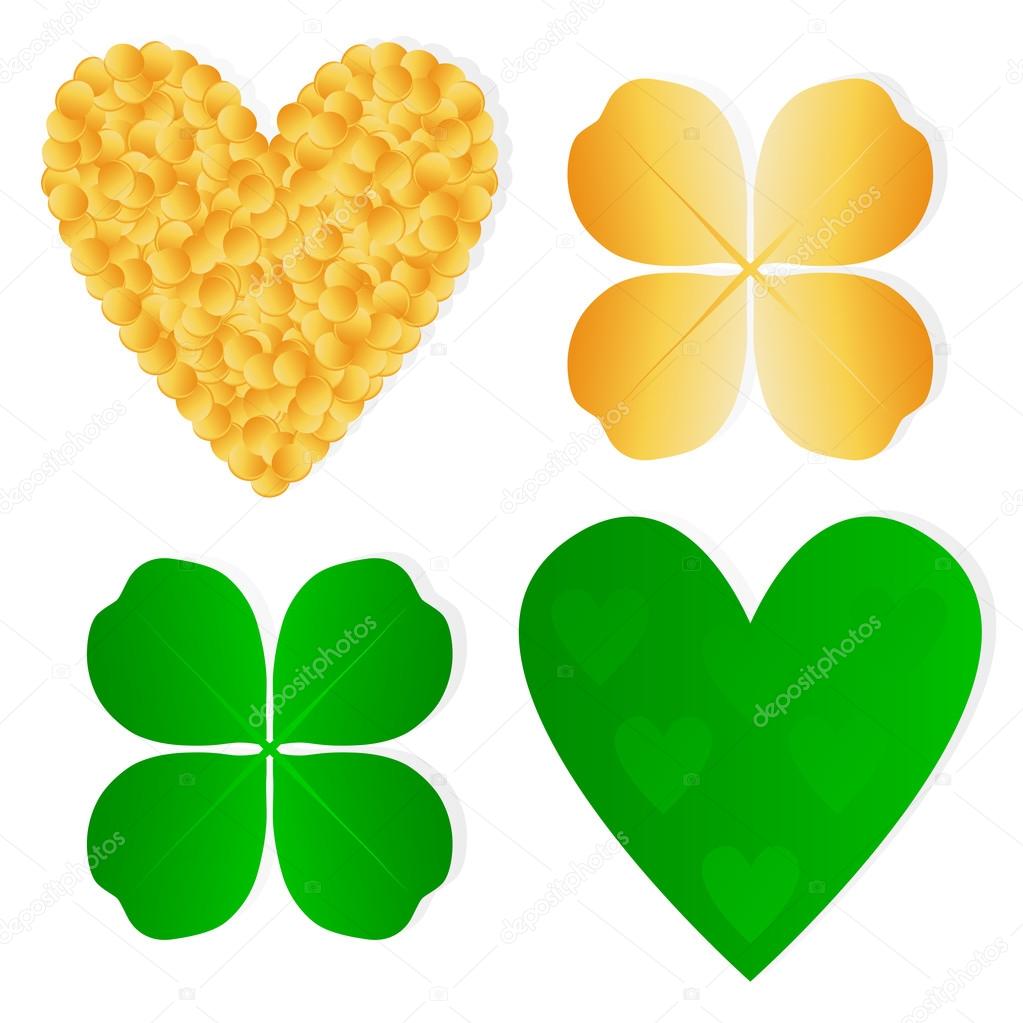 Four leaf clover shamrock luck vector and gold coins background