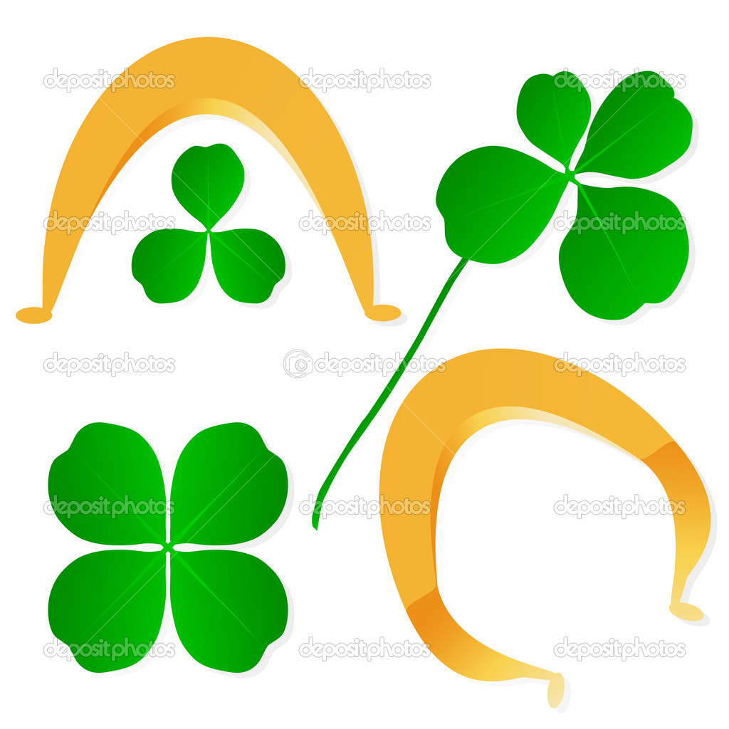 Four leaf clover shamrock luck vector and gold horseshoe backgro