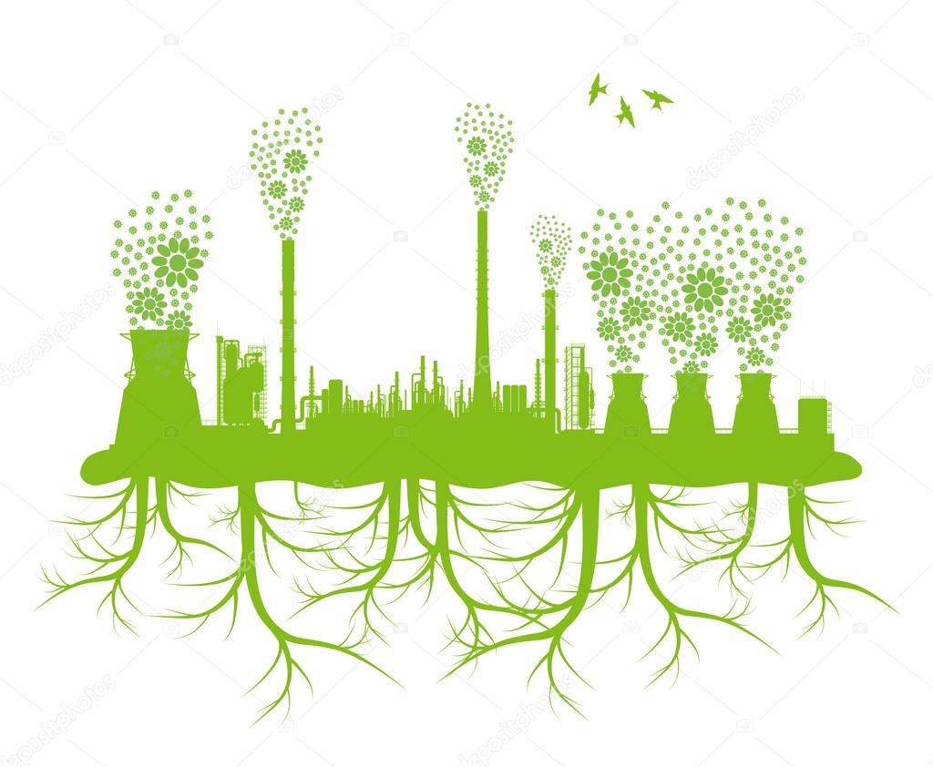 Ecology factory chimney vector background concept and green plan