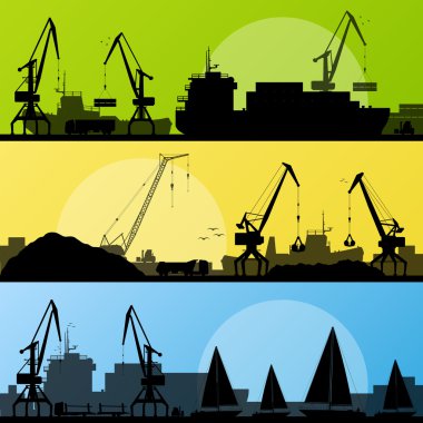 Industrial harbor, ships, transportation and crane seashore vect clipart