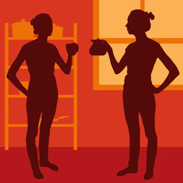 Hausfrau in Küche Tee trinken Vektor Hintergrund — Stockvektor