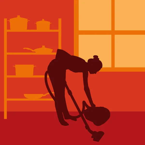 Nettoyage femme avec aspirateur vecteur — Image vectorielle