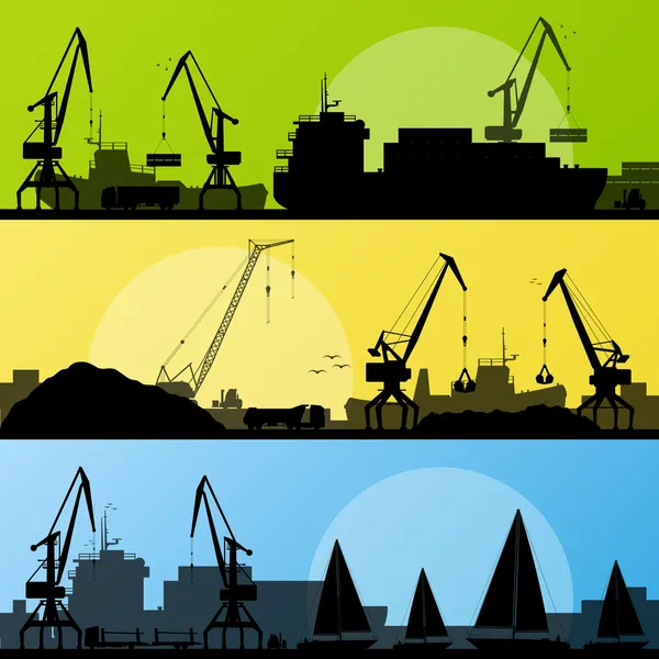 Industrial harbor, ships, transportation and crane seashore vect — Stock Vector