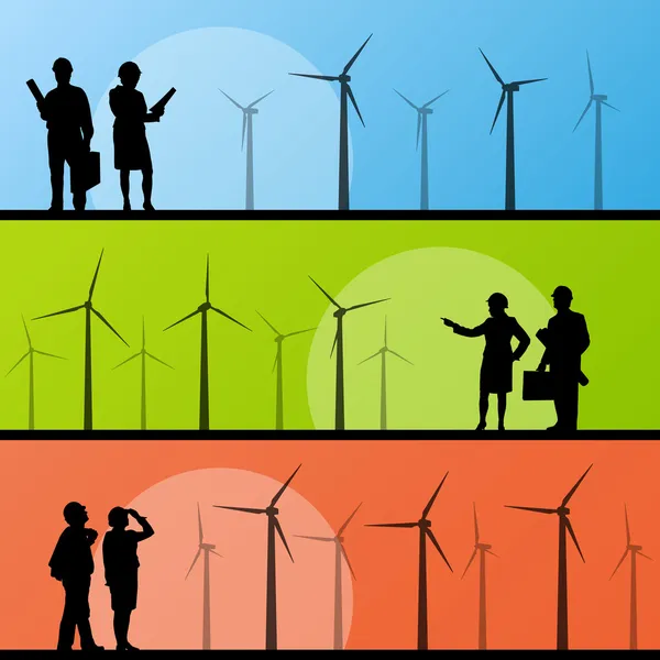 Générateurs d'électricité éolienne et éoliennes avec hommes et femmes eng — Image vectorielle