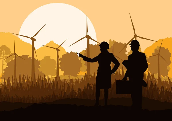 Geradores de energia eólica e moinhos de vento com homens e mulheres eng — Vetor de Stock