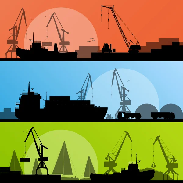 Industrial harbor, ships, transportation and crane seashore vect — Stock Vector