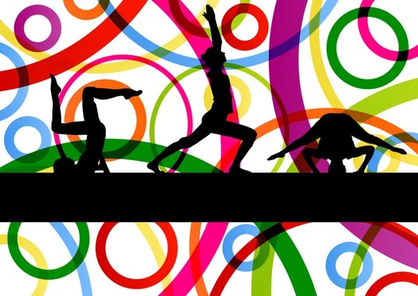 Ženy gymnastické cvičení fitness ilustrace barevné linie bac — Stockový vektor
