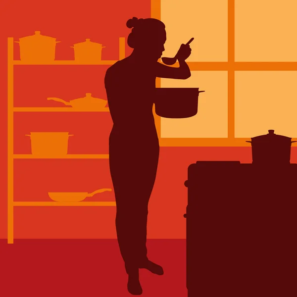 Femme cuisinière ou femme au foyer dans le vecteur de cuisine — Image vectorielle