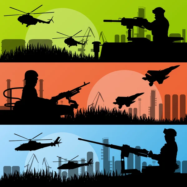 Army soldiers, planes, helicopters, guns and transportation in u — Stock Vector