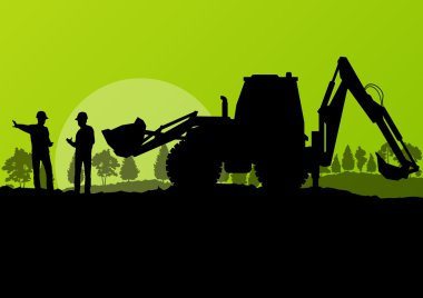 Excavator loader and workers digging at construction site with r