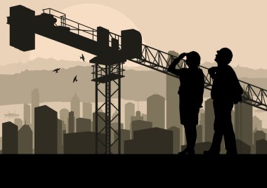Engineer and construction site manager watching skyscraper build clipart