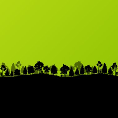 Orman ağaçlarının silhouettes ekoloji illüstrasyon backgrou manzara