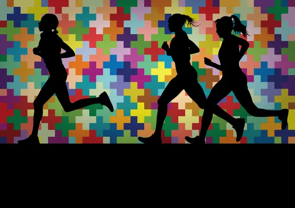 Maratón corredores siluetas activas en colorido paisaje backgr — Vector de stock