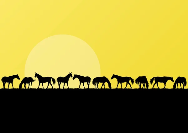 Granja caballos siluetas paisaje ilustración fondo — Vector de stock