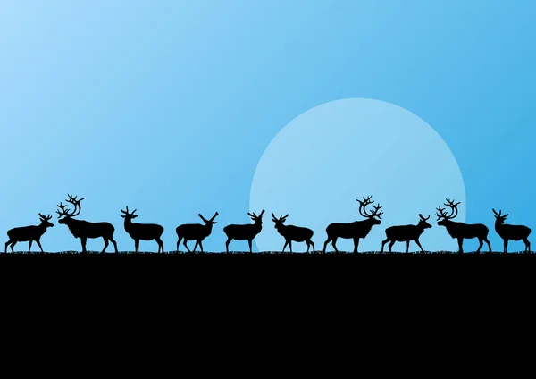 Reindeer herd in cold northern landscape illustration background — Stock Vector