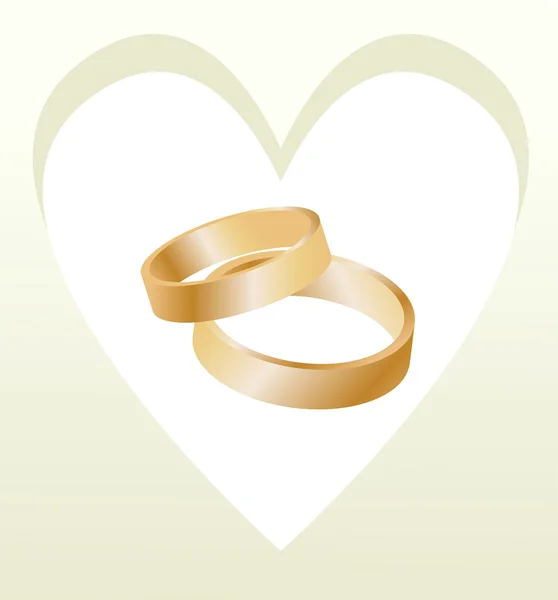 Anéis de casamento de ouro com vetor de cartão em forma de coração — Vetor de Stock
