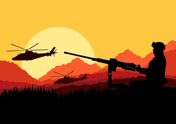Soldado del ejército con helicópteros, armas y transporte en d salvaje — Vector de stock
