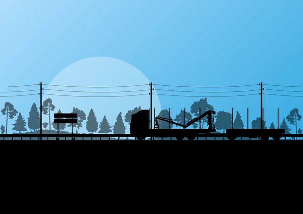 Foresterie bûcherons camion sur l'autoroute dans le paysage forestier illustrati — Image vectorielle