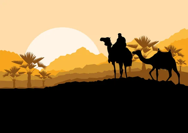 Camel caravan in wild desert mountain nature landscape backgroun — Stock Vector