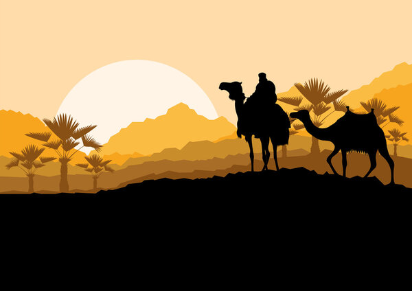 Верблюжий караван в дикой пустыне горных природных ландшафтов backgroun
