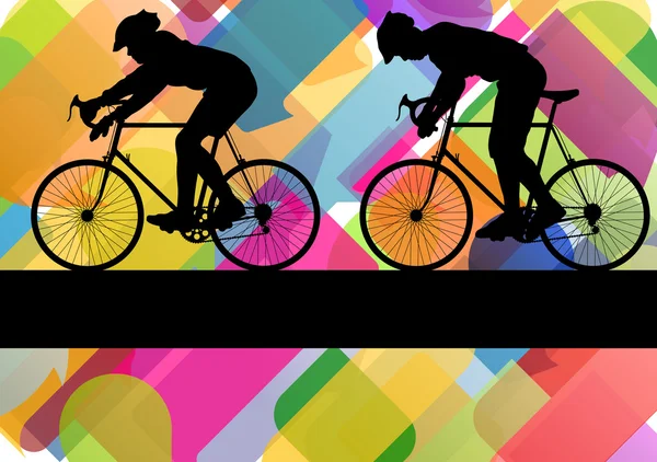 Sport road bike riders bicycle silhouettes in colorful abstract — Stok Vektör