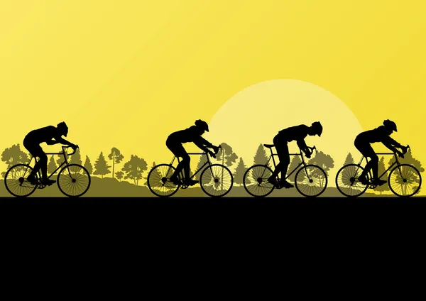 Sport weg fiets renners en fietsen gedetailleerde silhouetten in land — Stockvector
