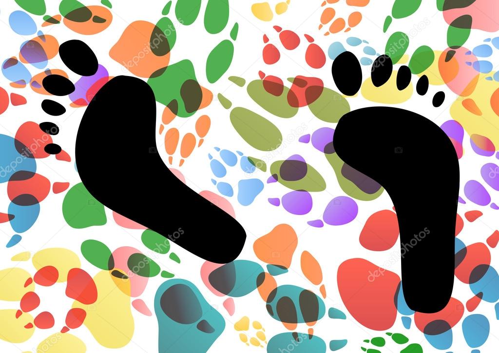 Dog and human footprints silhouettes colorful illustration backg