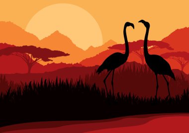 Flamingo kaç Afrika vahşi doğa dağ manzarası backgro içinde
