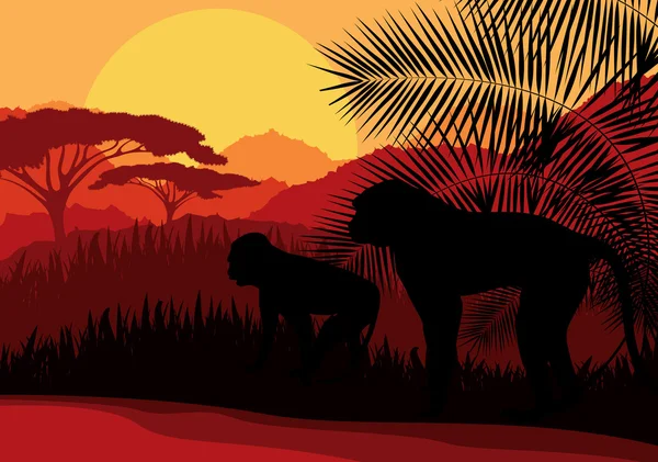 Familia de monos en África naturaleza salvaje paisaje de montaña backgroun — Archivo Imágenes Vectoriales