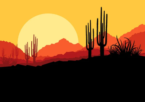Woestijn wilde natuur landschap met cactus en palm boom planten il — Stockvector