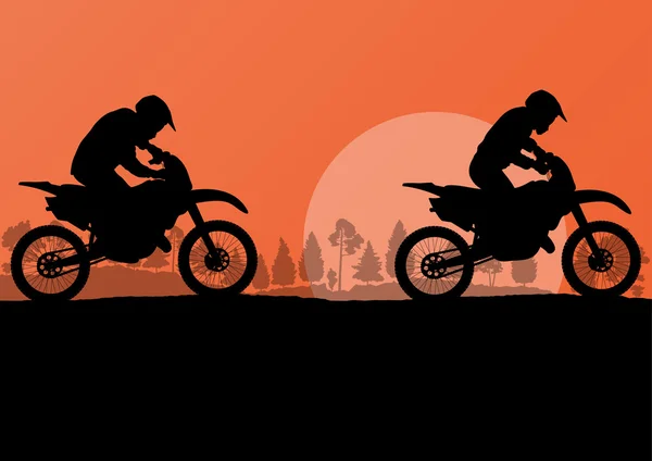 Motorbike riders motorcycle silhouettes in wild forest mountain — Stock Vector