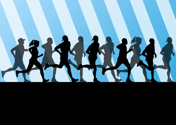 Silhouettes de coureurs de marathon hommes et femmes au stade sportif — Image vectorielle