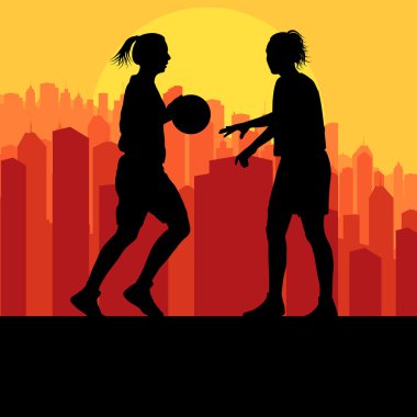 Kadınlar Basketbol şehir günbatımı vektör önünde