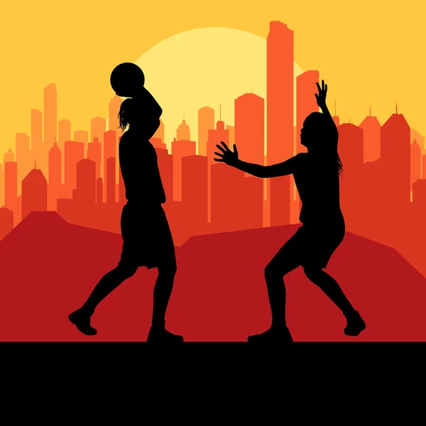 Mujeres baloncesto en frente de la ciudad puesta del sol vector de fondo para p — Vector de stock