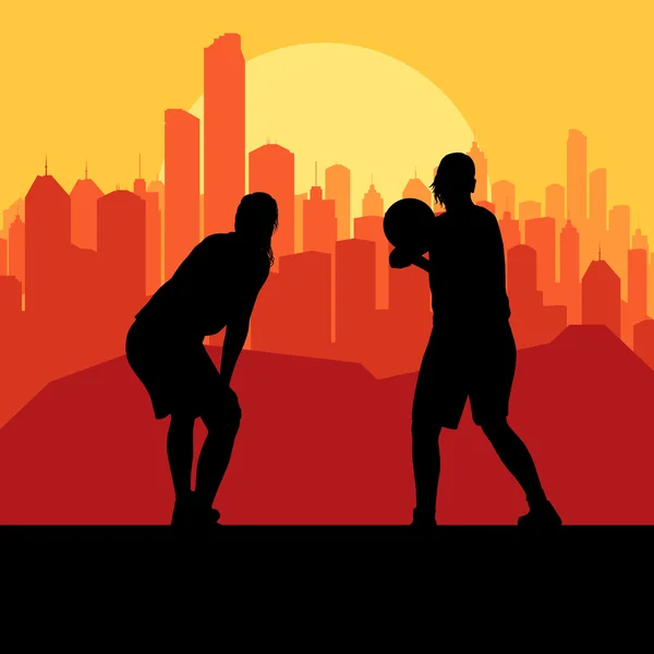 在城市日落矢量背景为 pos 前男子篮球 — 图库矢量图片