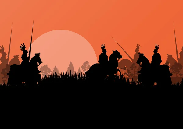 Siluetas de caballero medieval cabalgando en campo de batalla enana — Vector de stock