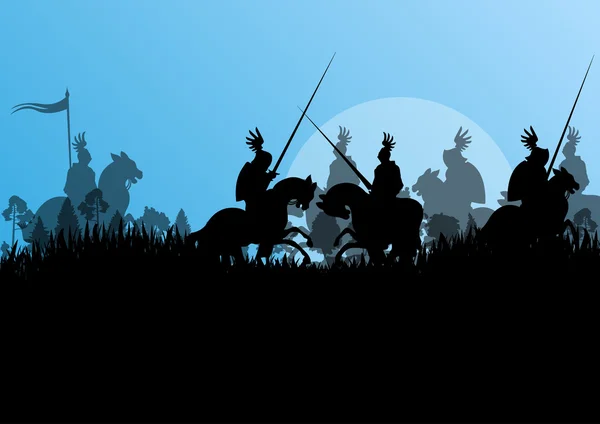 Siluetas de caballero medieval cabalgando en campo de batalla enana — Vector de stock