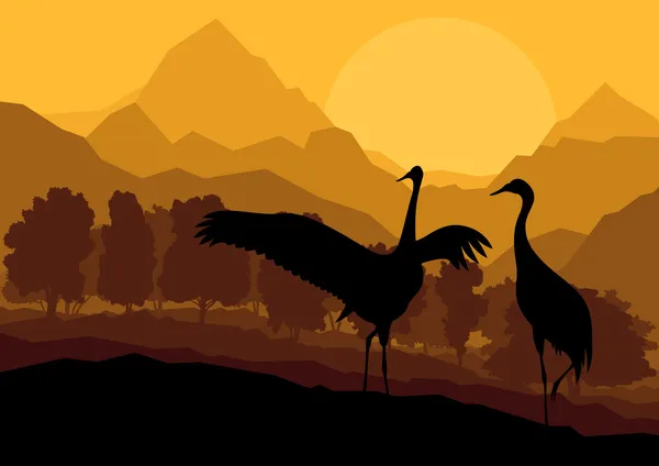 Crane couple in wild mountain nature landscape background illust — Stock Vector