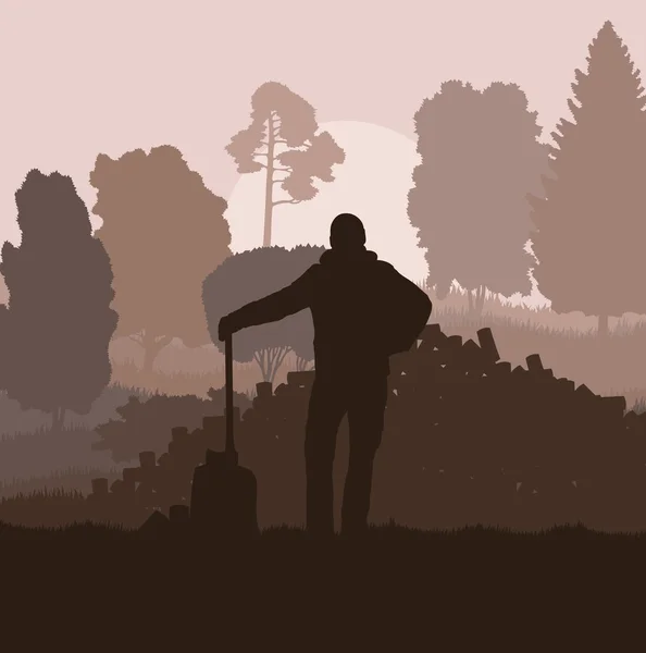 自然の中で斧のベクトルの背景と木こり — ストックベクタ