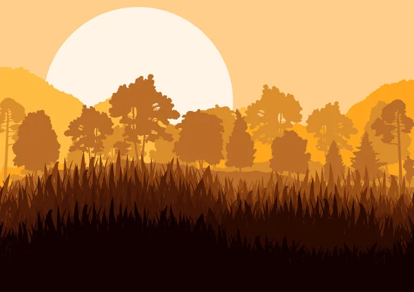 Bosque montañoso salvaje naturaleza paisaje escena fondo illustrat — Vector de stock