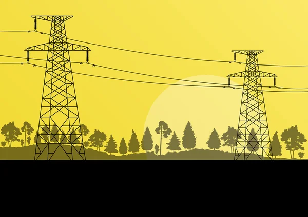 Elektriciteitsleiding hoogspanning elektriciteit toren in platteland bos — Stockvector