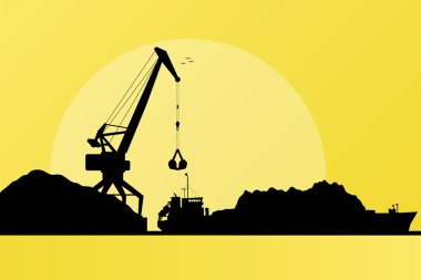 yük gemisi Harbor, kömür ile vektör vinç yükleniyor